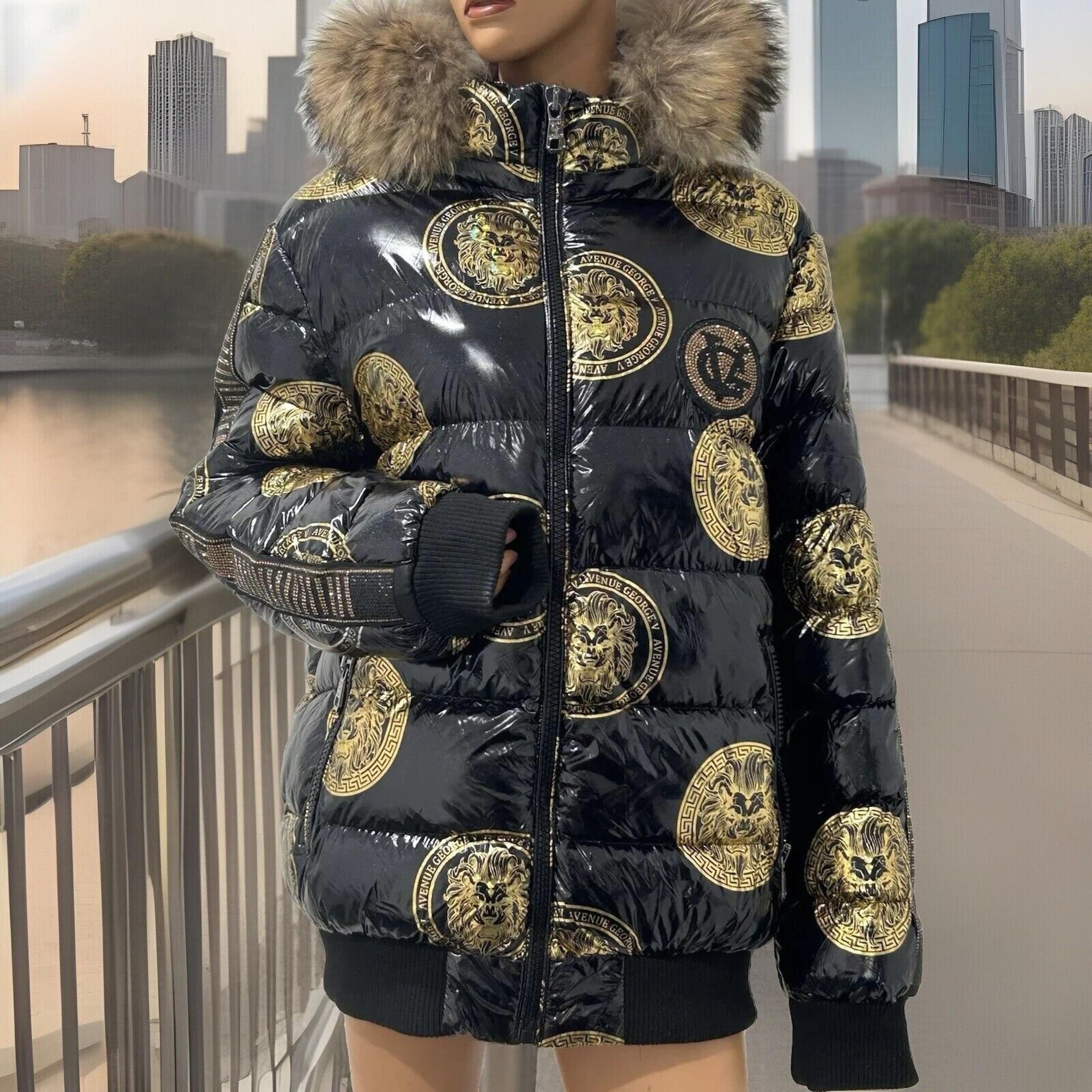 George V MEN PARIS PUFFER JACKET Black With Golden Logos And Studded Long Sleeve