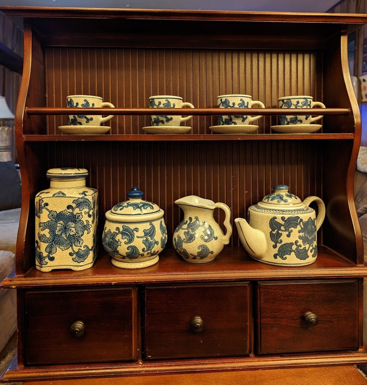 Vintage Chinese 15pc Crackled Tea Set In a Wood Wall Cabinet