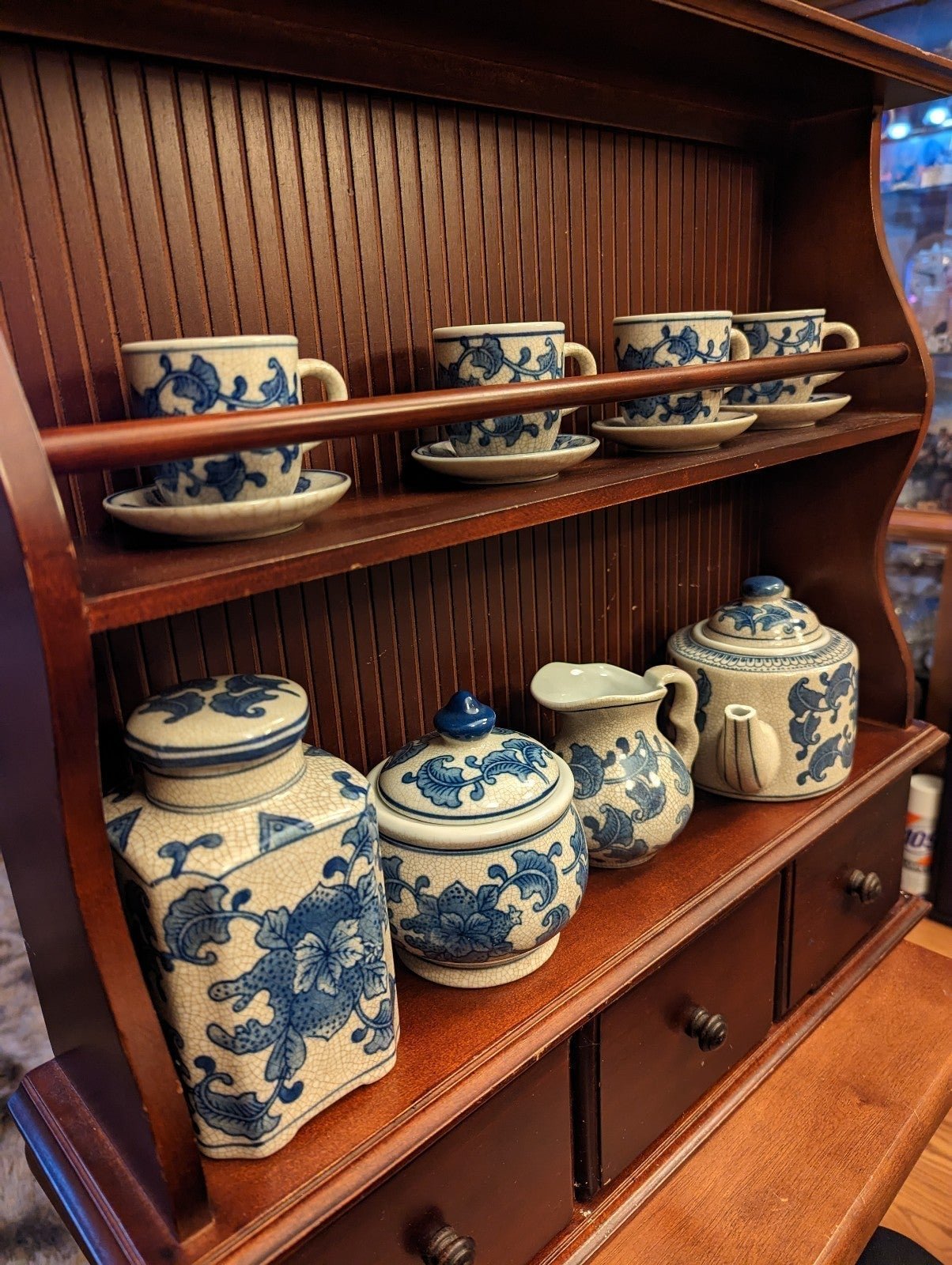 Vintage Chinese 15pc Crackled Tea Set In a Wood Wall Cabinet