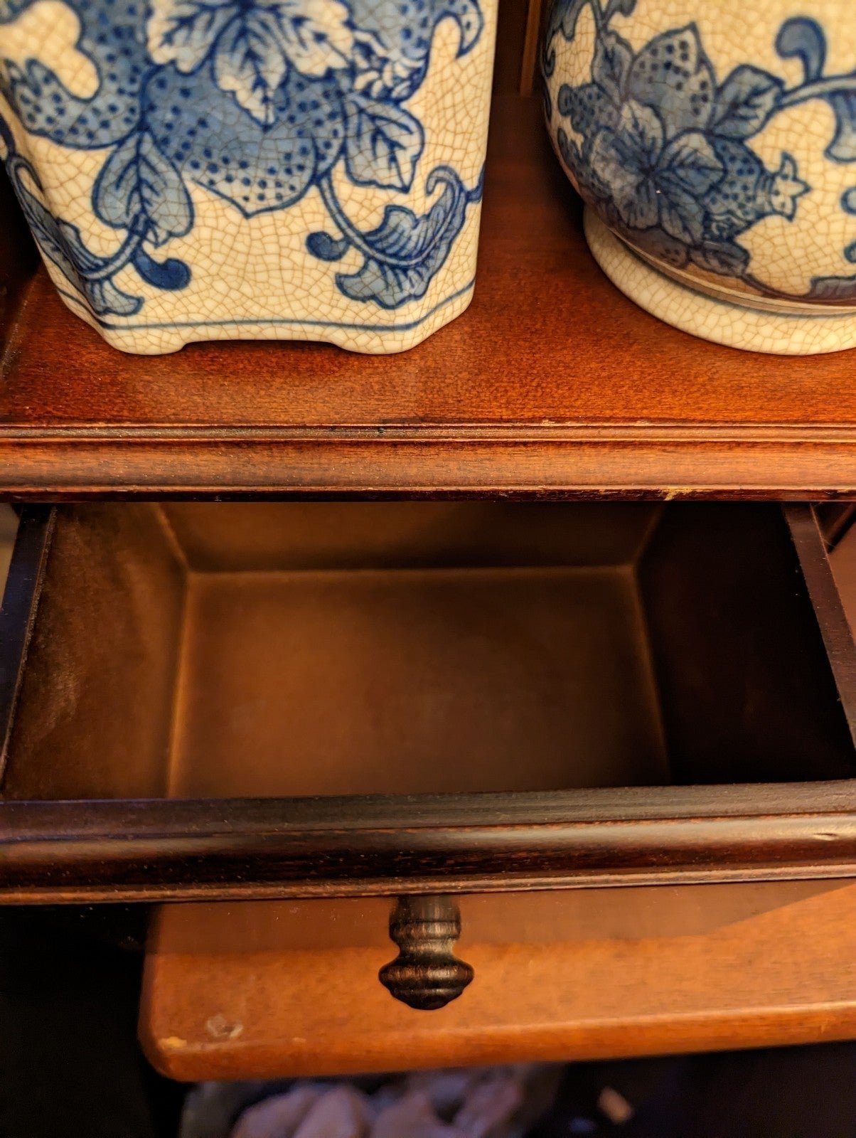 Vintage Chinese 15pc Crackled Tea Set In a Wood Wall Cabinet