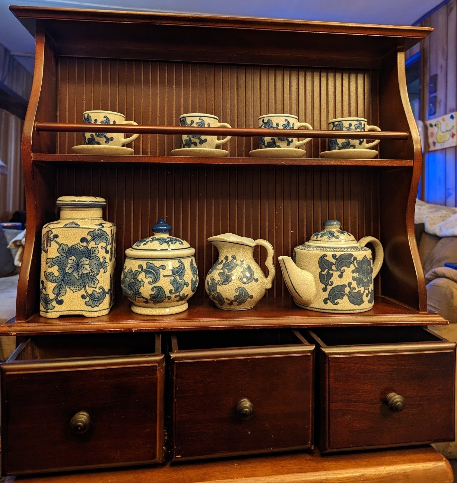 Vintage Chinese 15pc Crackled Tea Set In a Wood Wall Cabinet