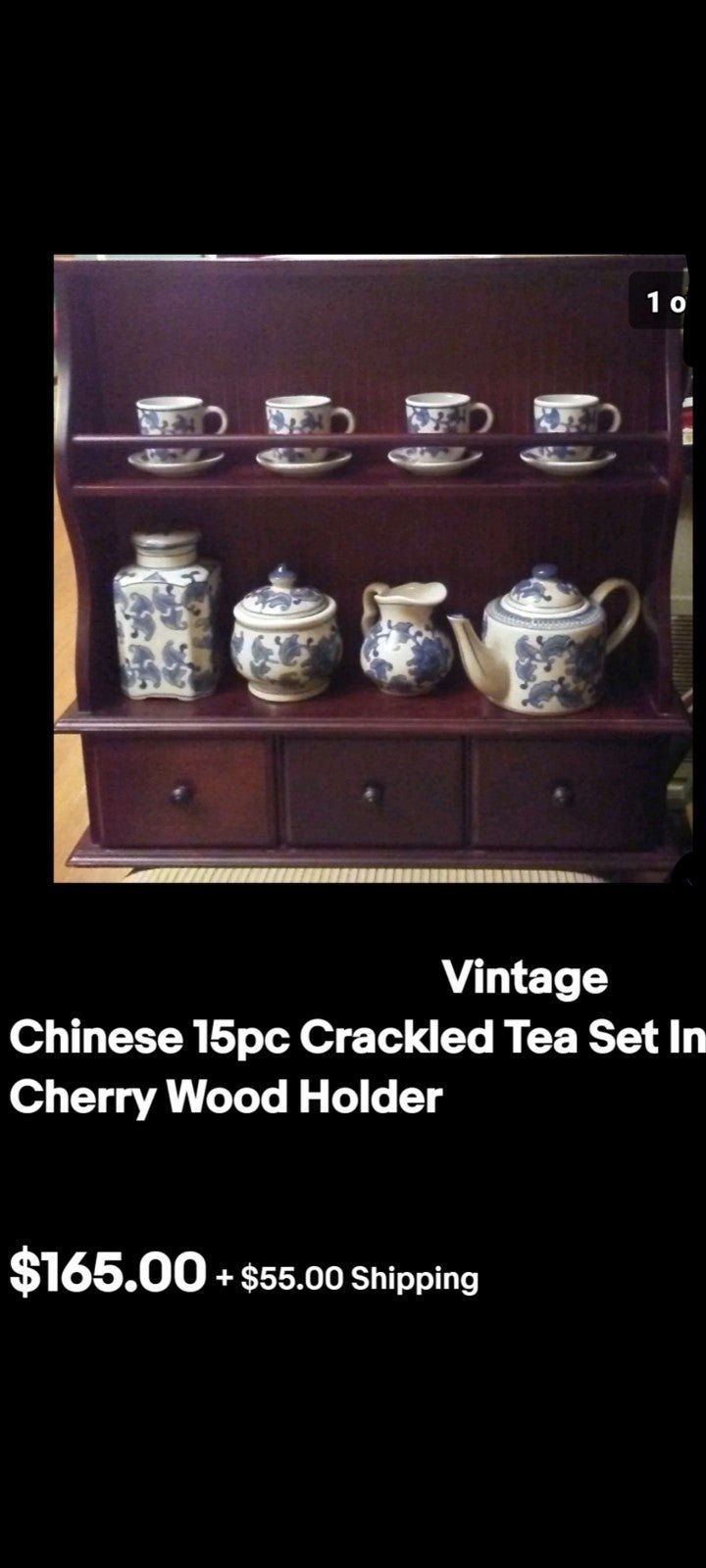 Vintage Chinese 15pc Crackled Tea Set In a Wood Wall Cabinet