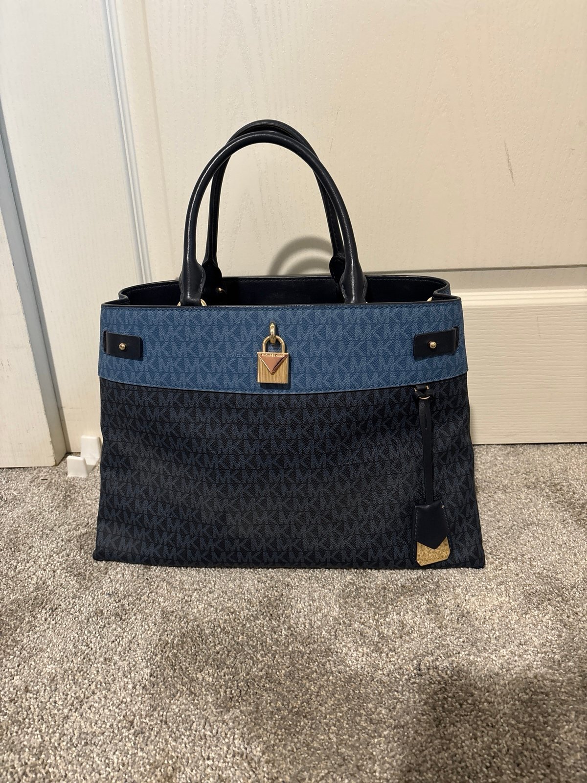 Michael Kors Large DK Cherry/ Blue Two Toned MK logo Gramercy Satchel