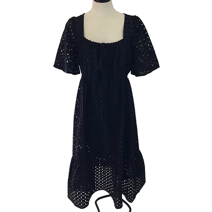 Johnny Was Midi Dress Size Medium Black Misty Pure Cotton Eyelet Square Neck