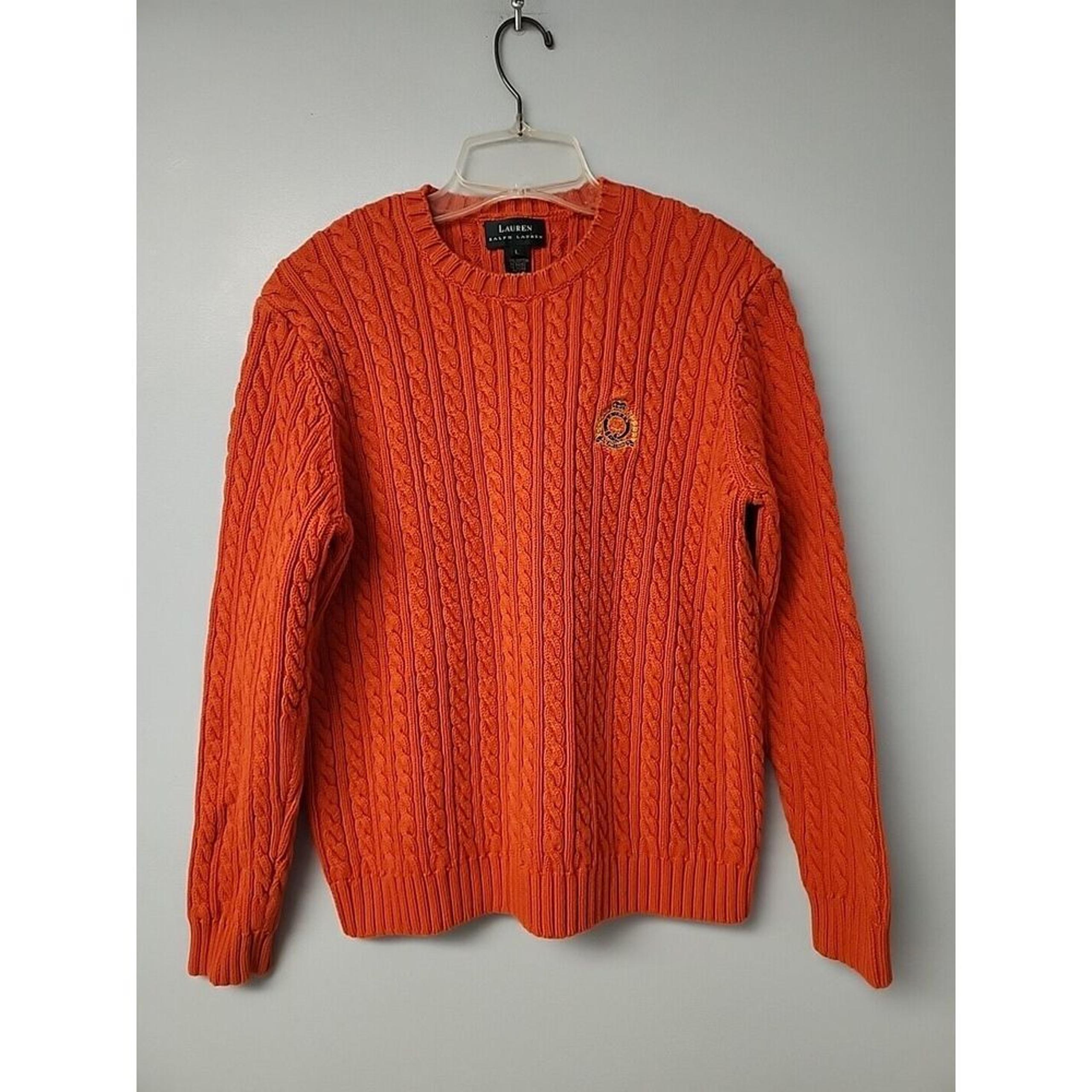 Vtg Lauren Ralph Lauren Women's L 100% Cotton Orange Cable Knit Crest