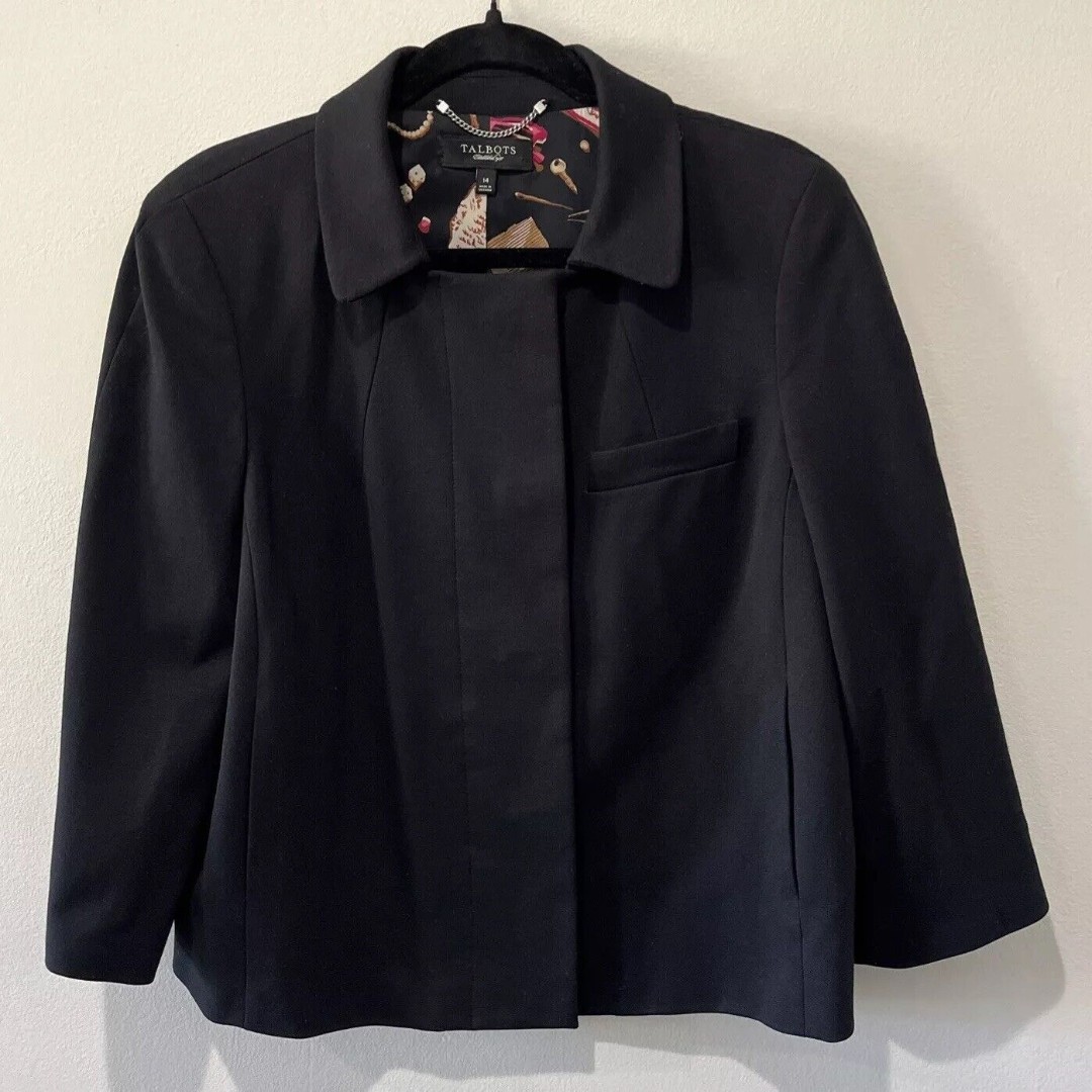 Talbots Cape Jacket Women’s 14 Black Blazer Novelty Liner Boxy Fit 3/4 Sleeve