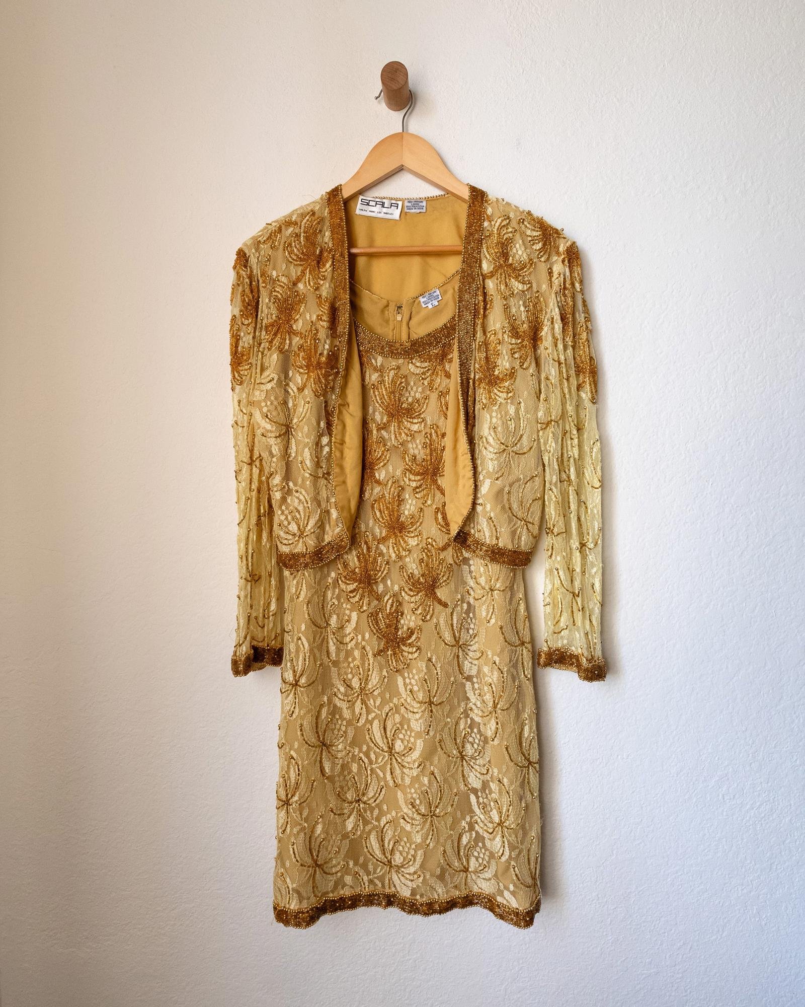 80s Vintage Gold Yellow Beaded Sequin Dress With Jacket