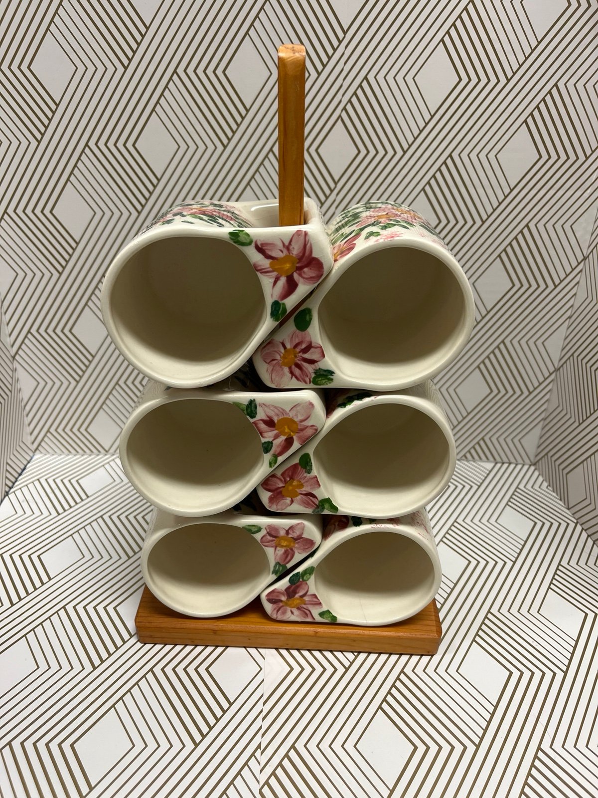 Vintage Hand Painted Set of 6 Mugs with wooden stand