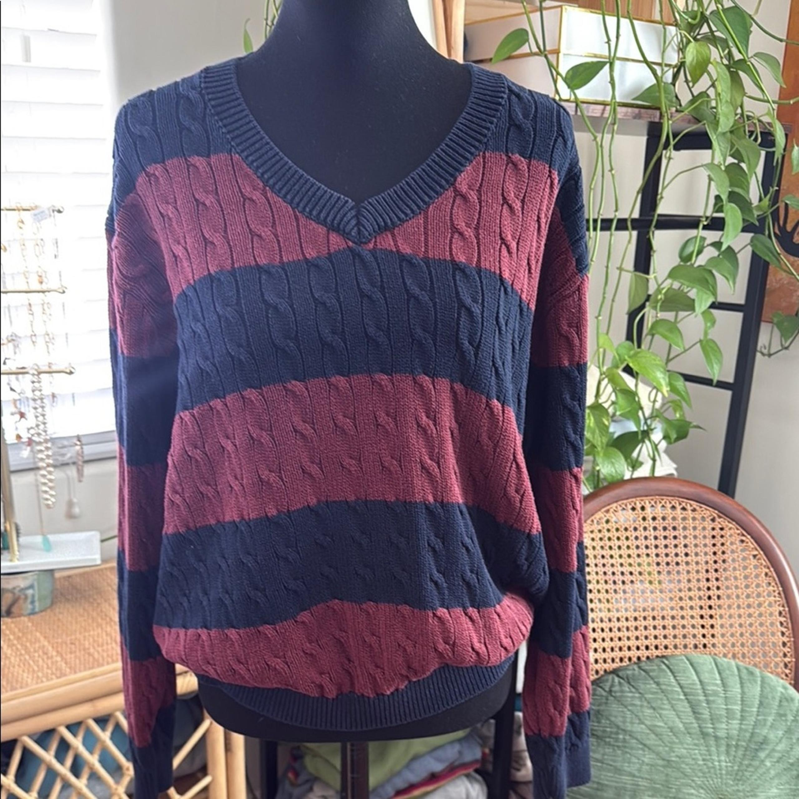 Brandy Melville Navy & Maroon Striped Knit Pullover V-Neck Sweater