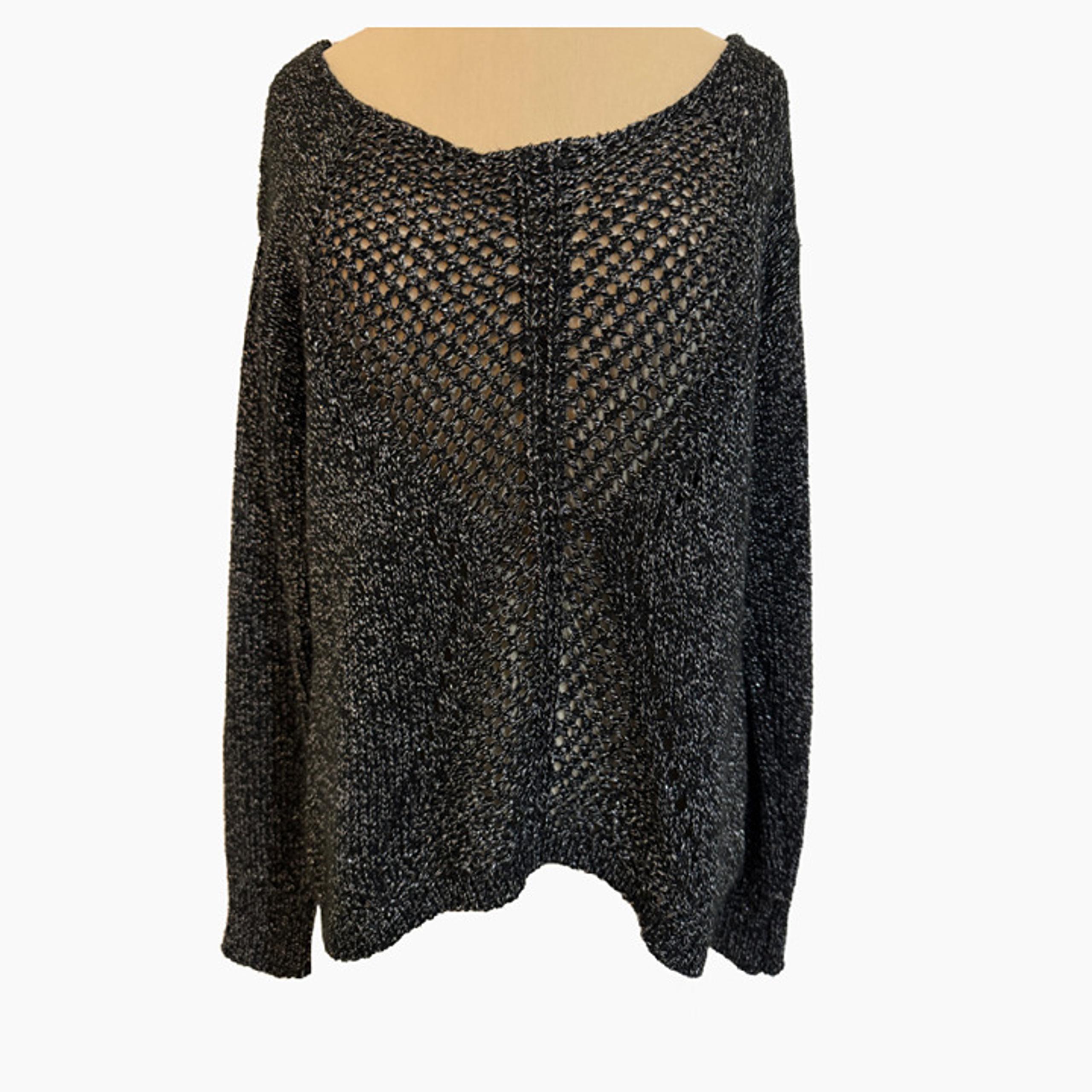 Rock & Republic Womens Mesh Tunic Sweater L Black Metallic Crochet Knit Top