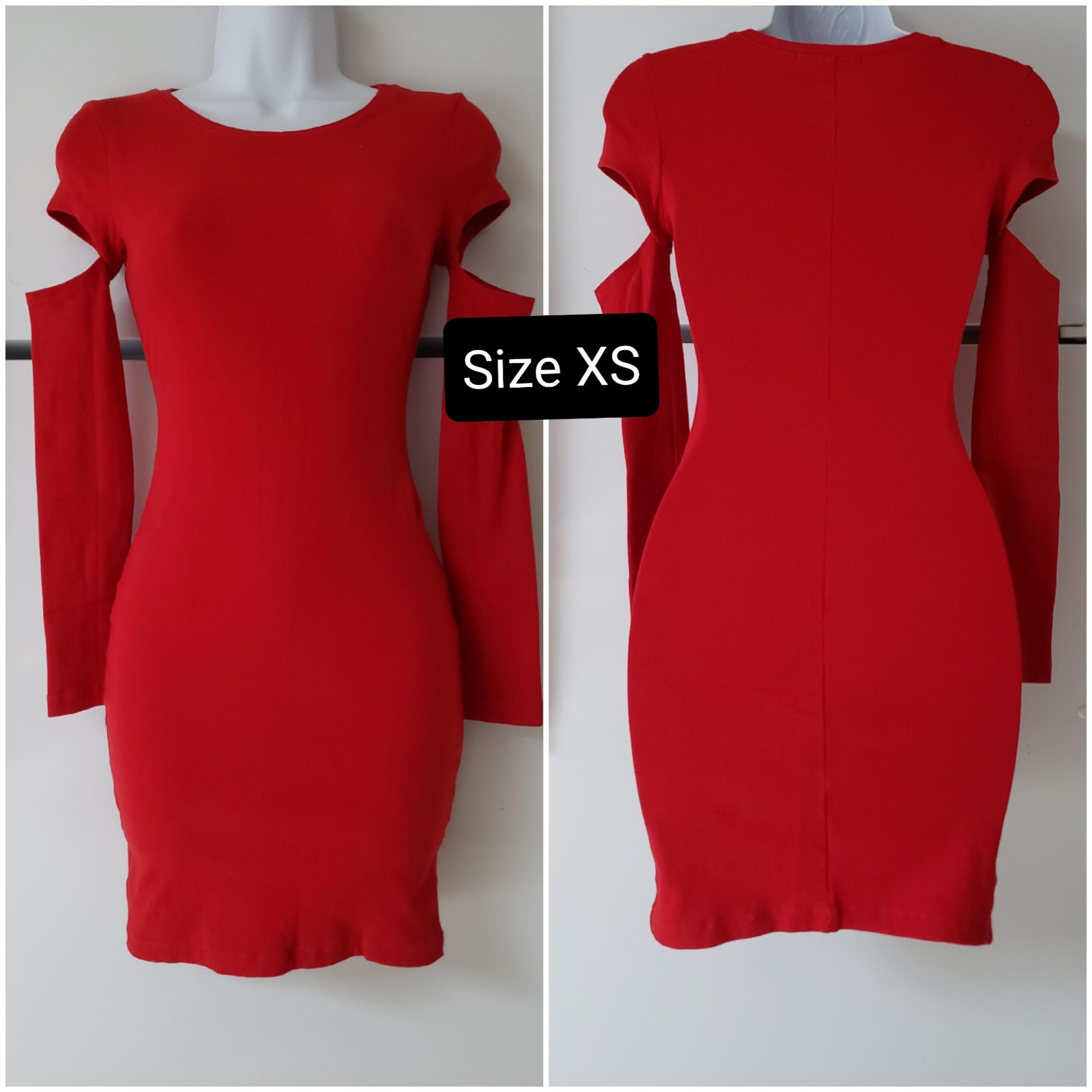 Women's XS Fashion Sexy Red Bodycon Dress Cold Shoulder Longsleeves Crewneck