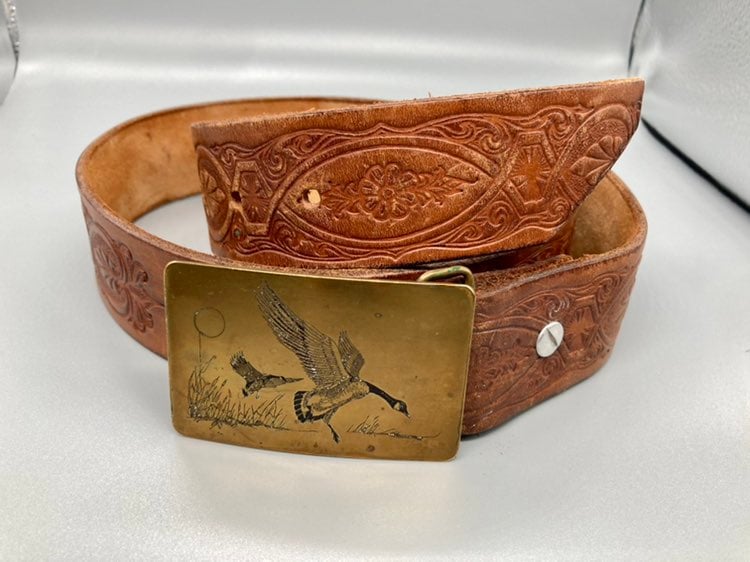 Vintage Tooled Leather Belt Brass Buckle