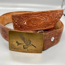 Vintage Tooled Leather Belt Brass Buckle
