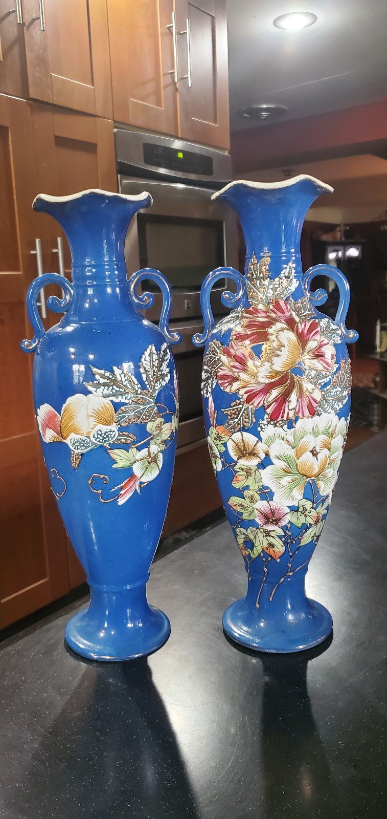 Pair of Blue Floral Hand Painted decorated 2 handled mantel vases
