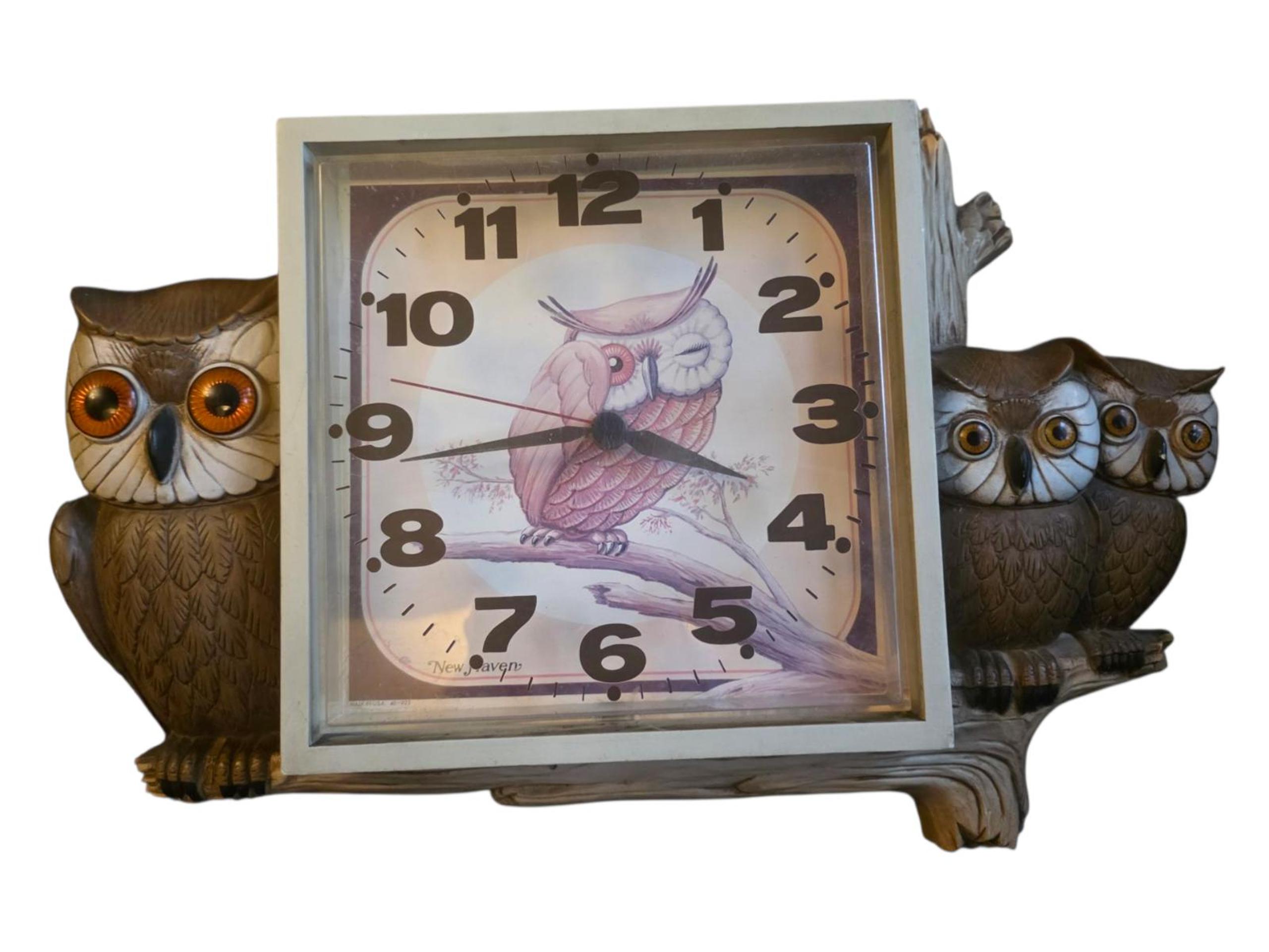 Vintage New Haven Owl Wall Clock  1970s Plastic Woodgrain  Needs New Movement