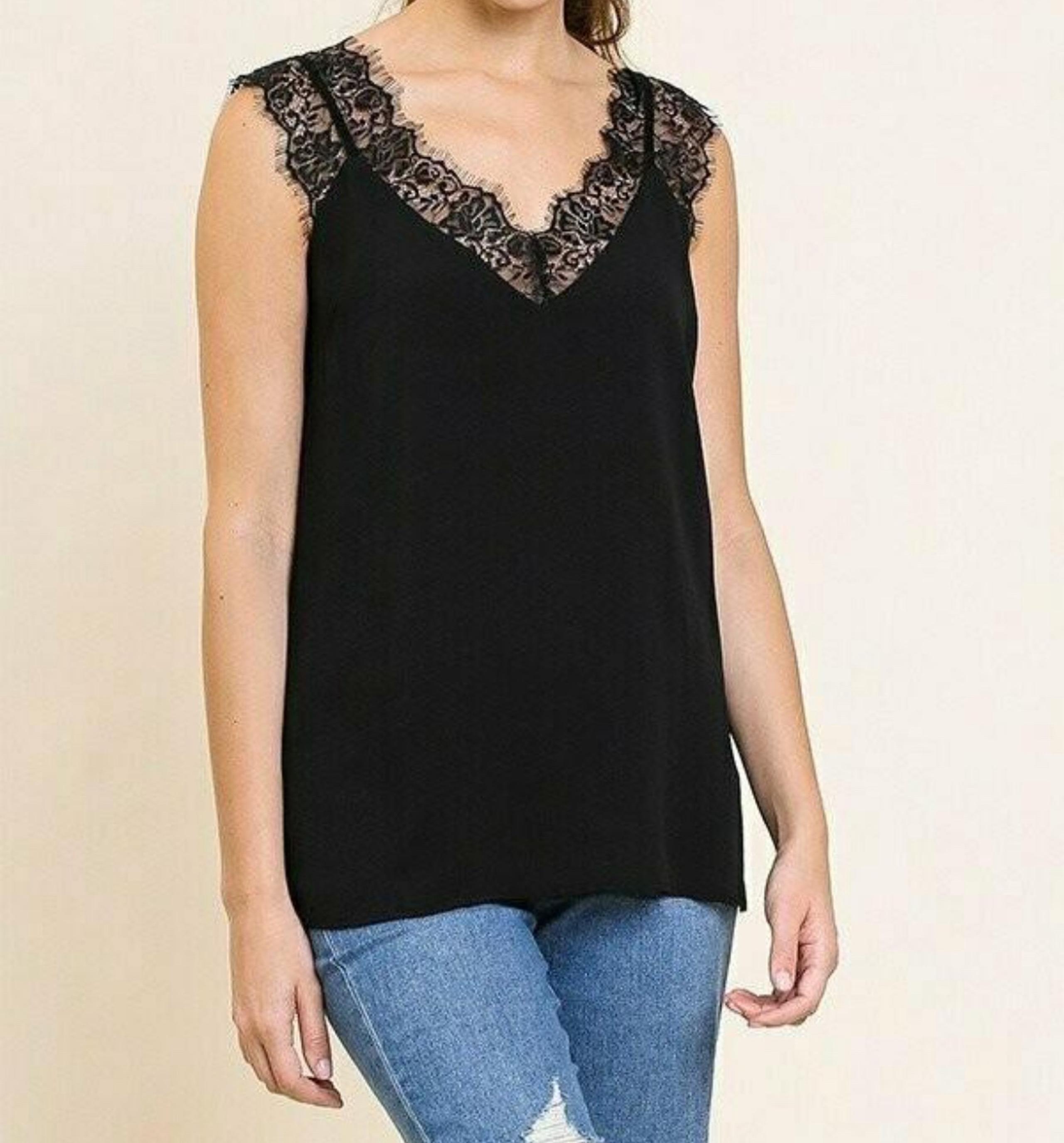 Umgee, black cami, floral eyelash lace, size 1XL, NWT