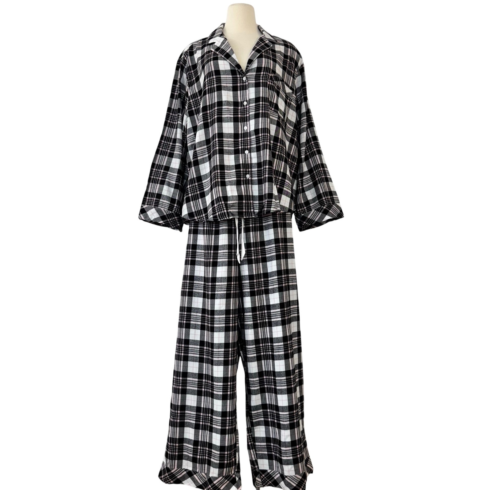 Victoria's Secret Flannel PJ Set Plaid White Black Light Pink XXL NWT