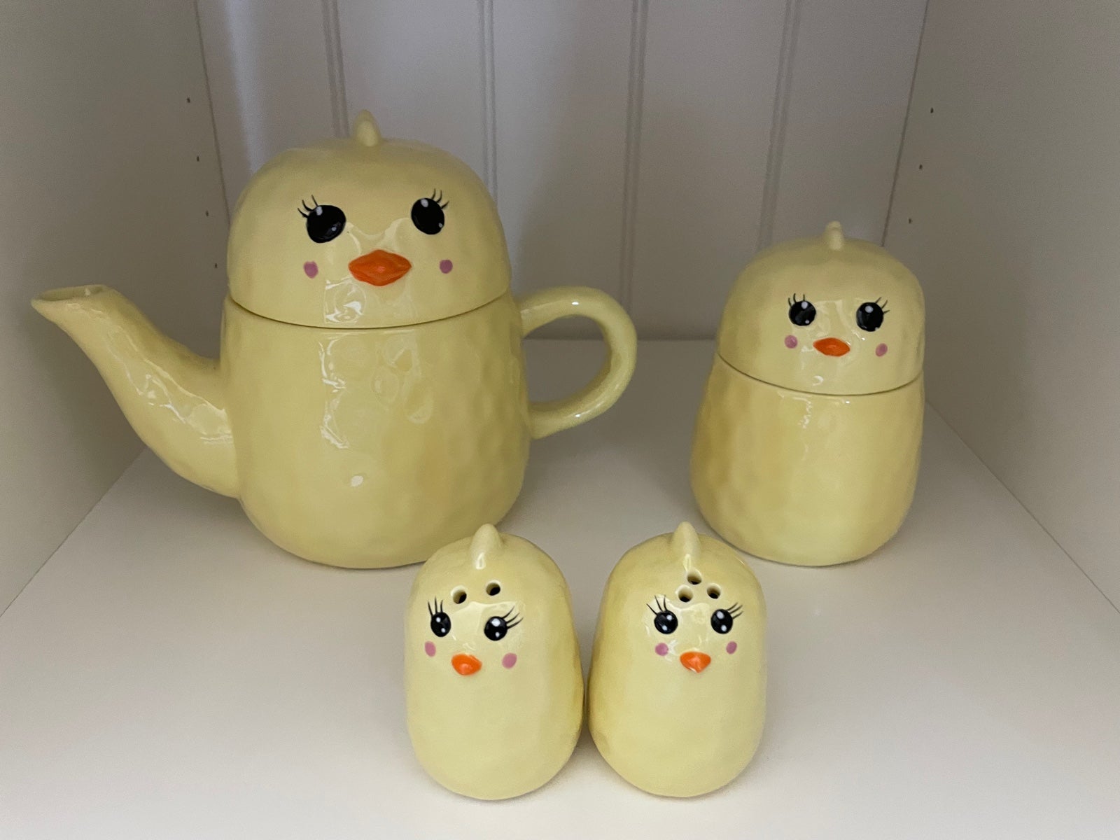 10 Strawberry Street Yellow Chick Canister, Tea Pot and Salt & Pepper Shaker
