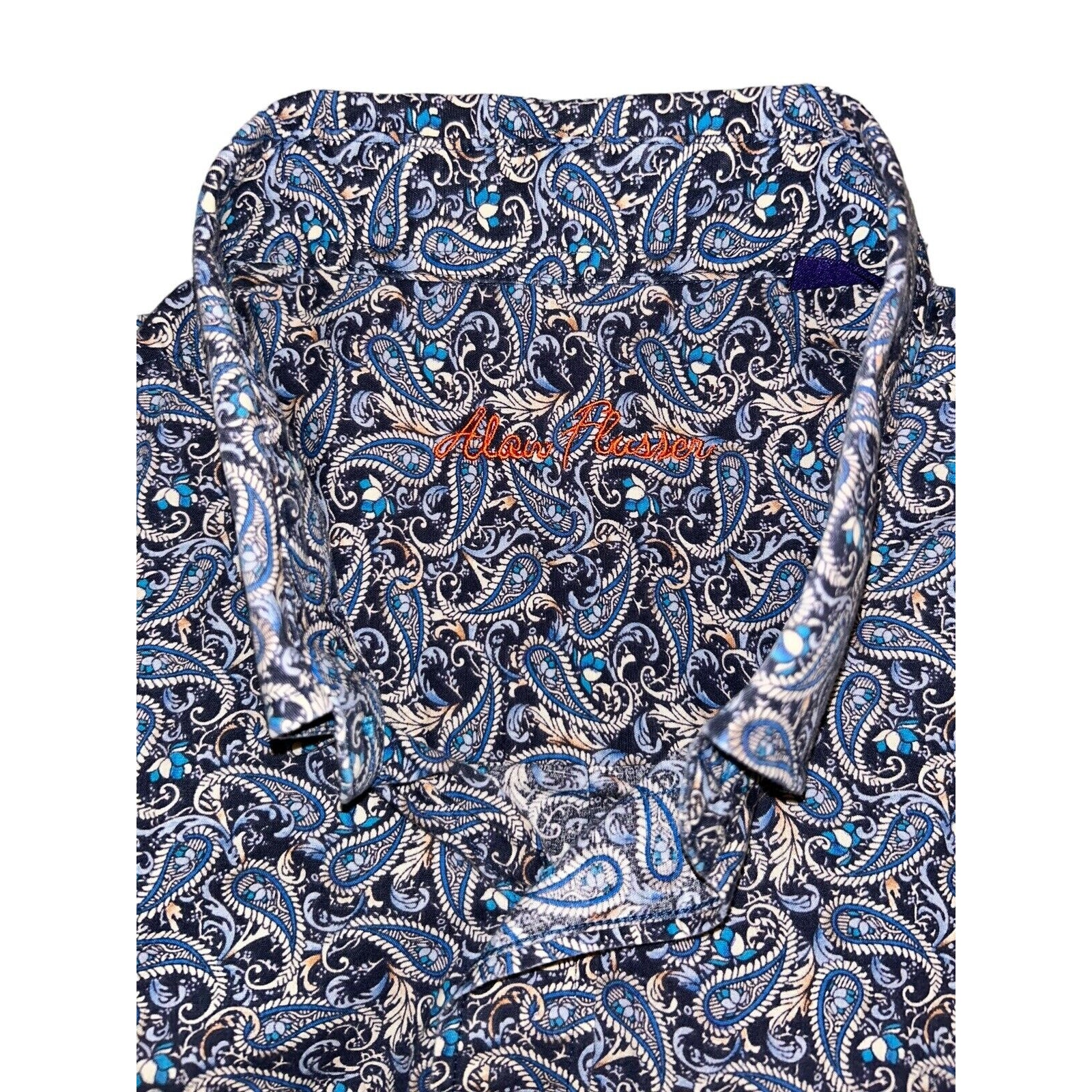 Alan Flusser Shirt Men L Navy Blue Paisley Long Sleeve Button Front Collared