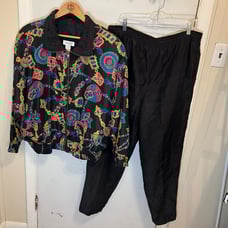 Vintage 80’s Retro Black Bright Chain Print Silk Tracksuit Set Jacket Pants