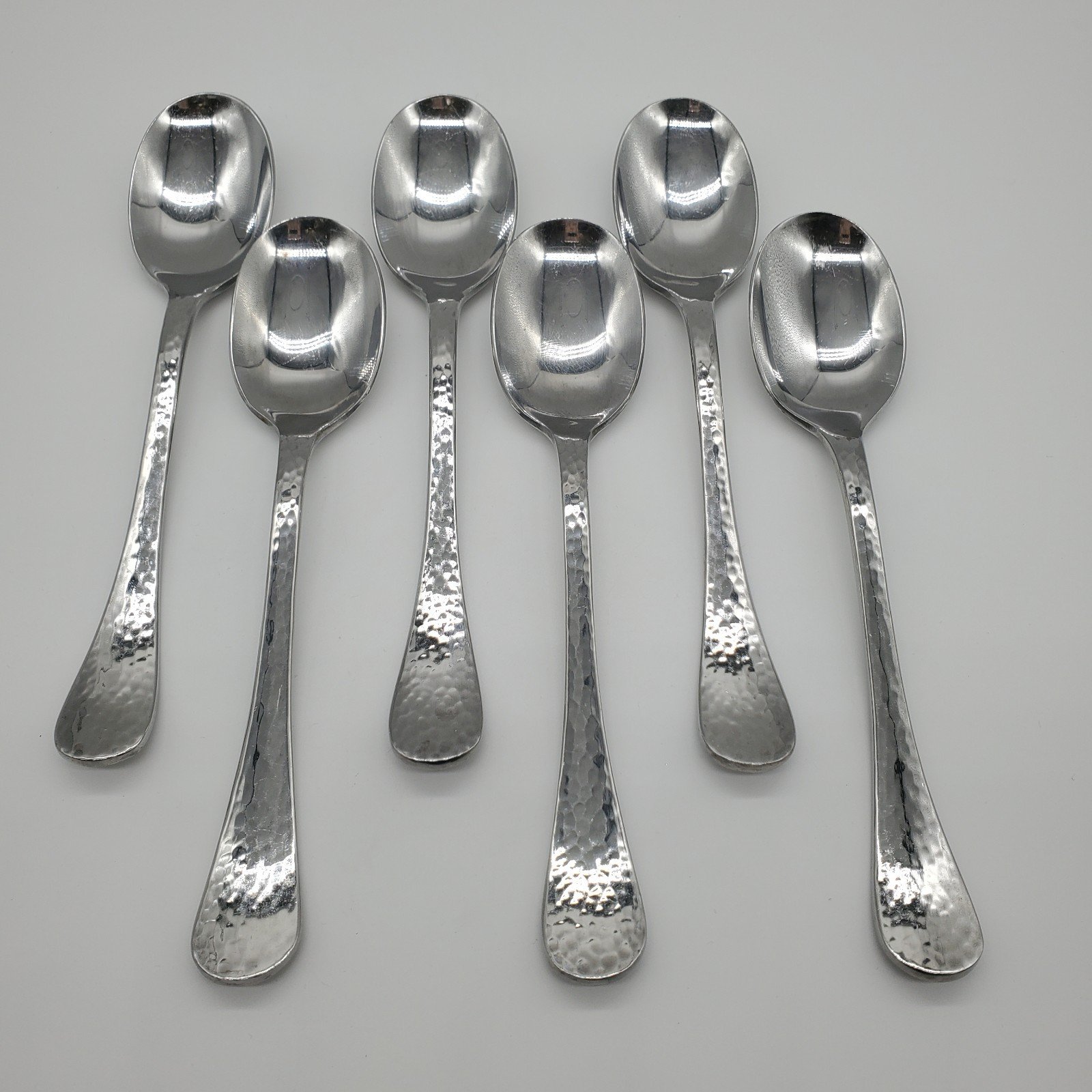 Gingko LAFAYETTE Set of 6 Oval Soup Spoons Hammered Handle Glossy Stainless