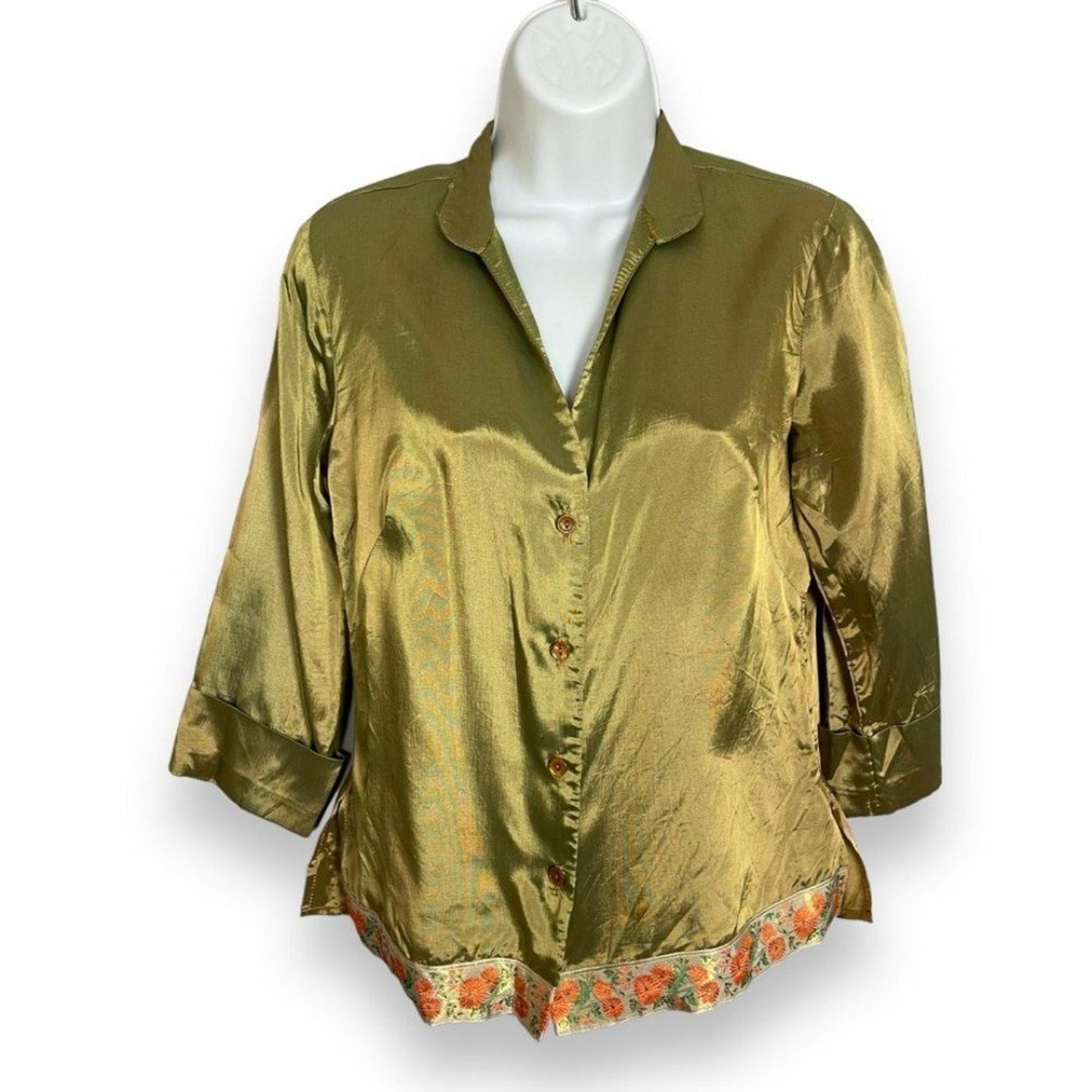 Vintage Y2K Anxiety Blouse Iridescent Green Orange Ribbon Hem Button-Up Shirt