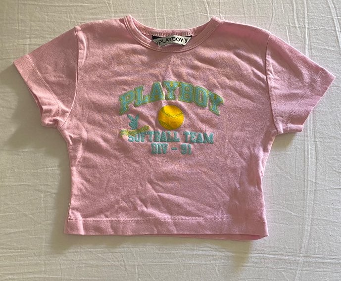 Vintage 90s Playboy Mansion Bunny Graphic Womens Babydoll Crop Top