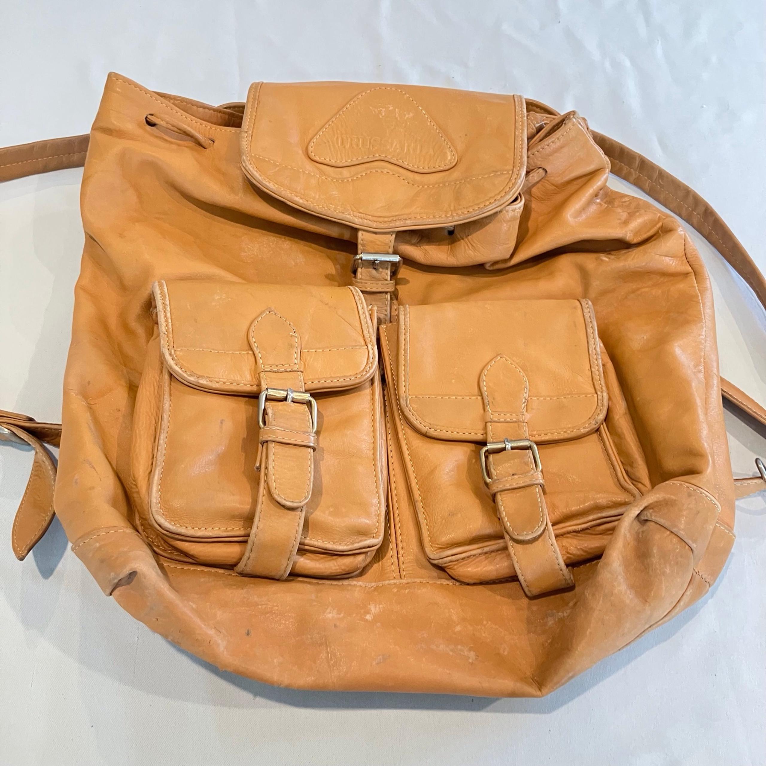 TRUSSARDI LEATHER BACKPACK Dirt/backside Vintage Rare Brown Heavy Duty Travel
