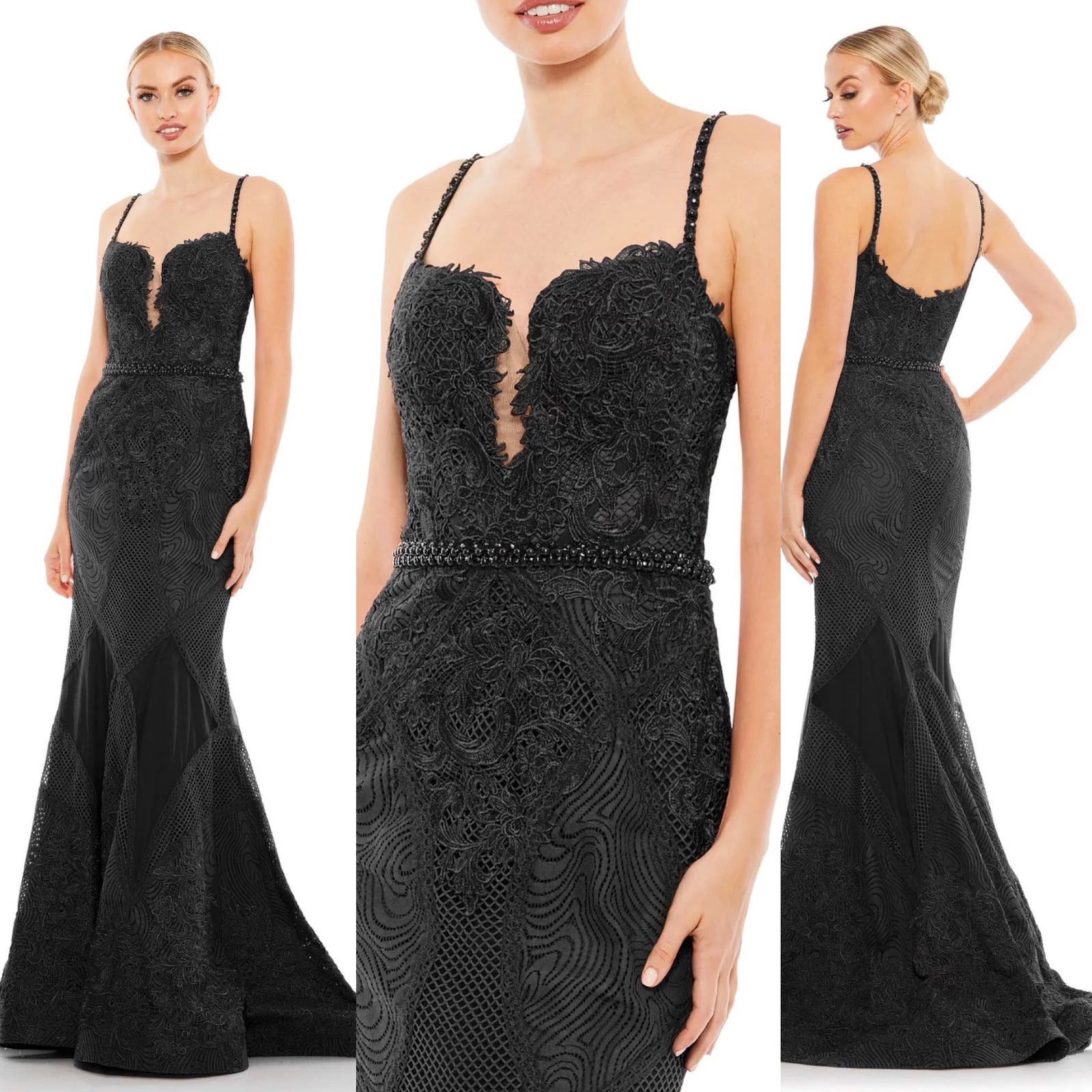 Mac Duggal Embroidered Plunge Neck Trumpet Gown In Black 79082 Size 14 New