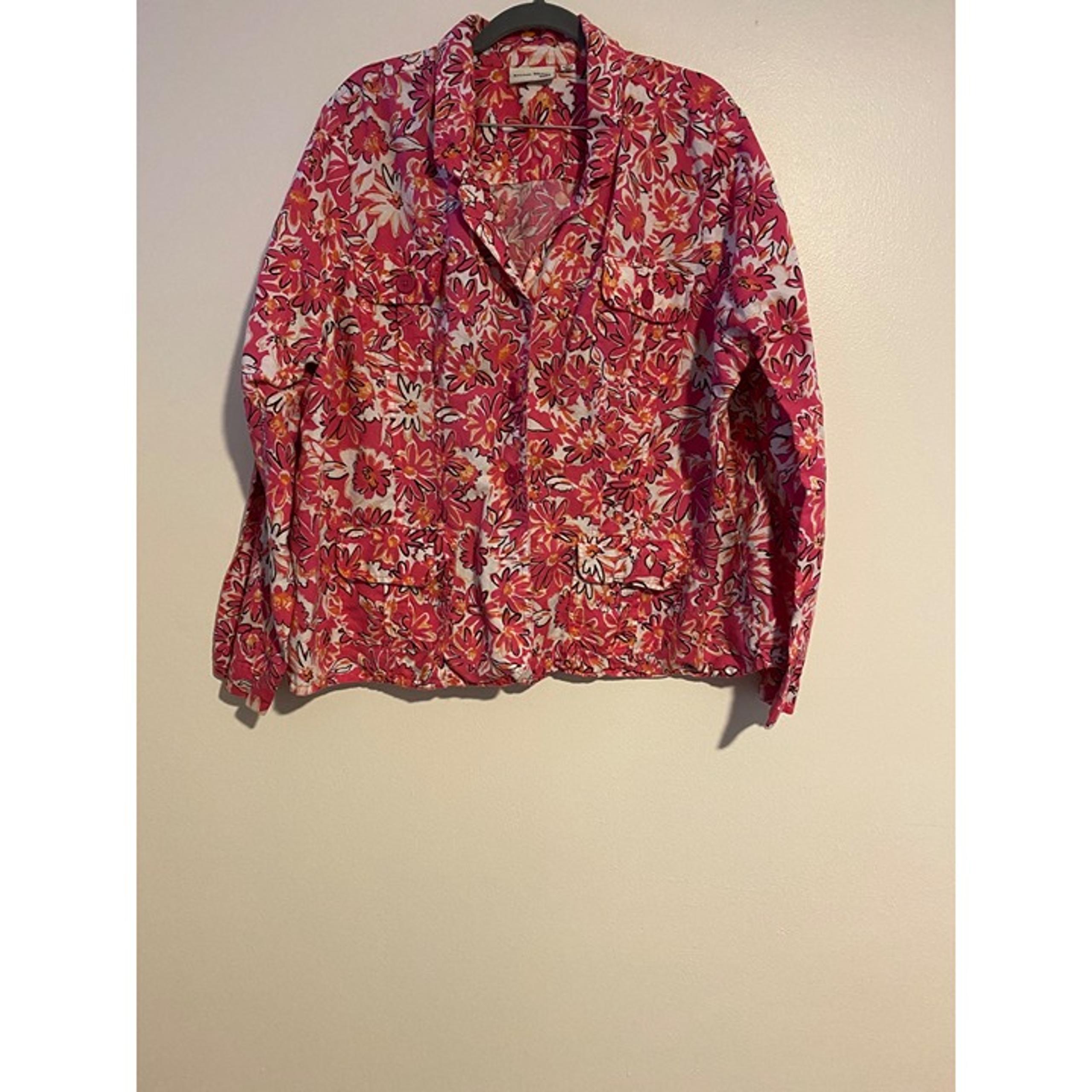 Studio Works Womens Floral Button-Up Shirt 2X Cotton Pink/White/Orange Blazer
