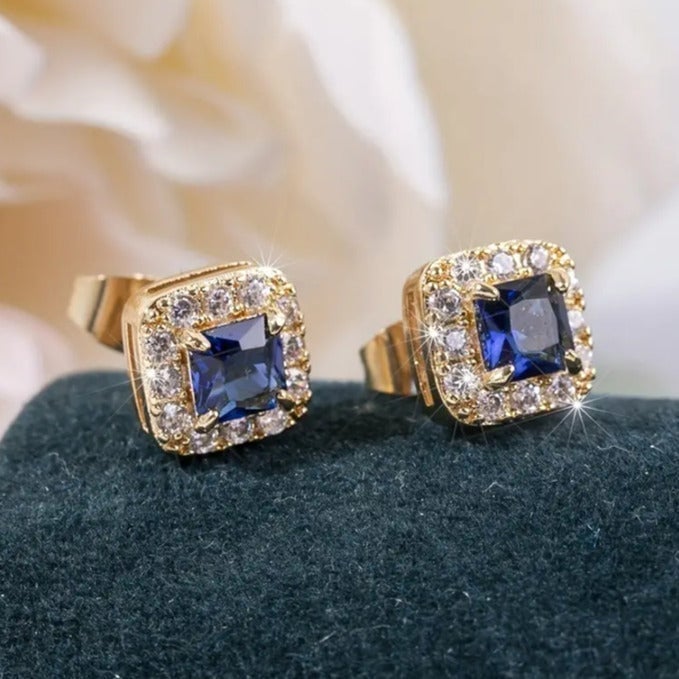 18K Gold Womens 1ct Blue Sapphire 2ct Diamond Square Stud Gemstone Earrings 2 ct