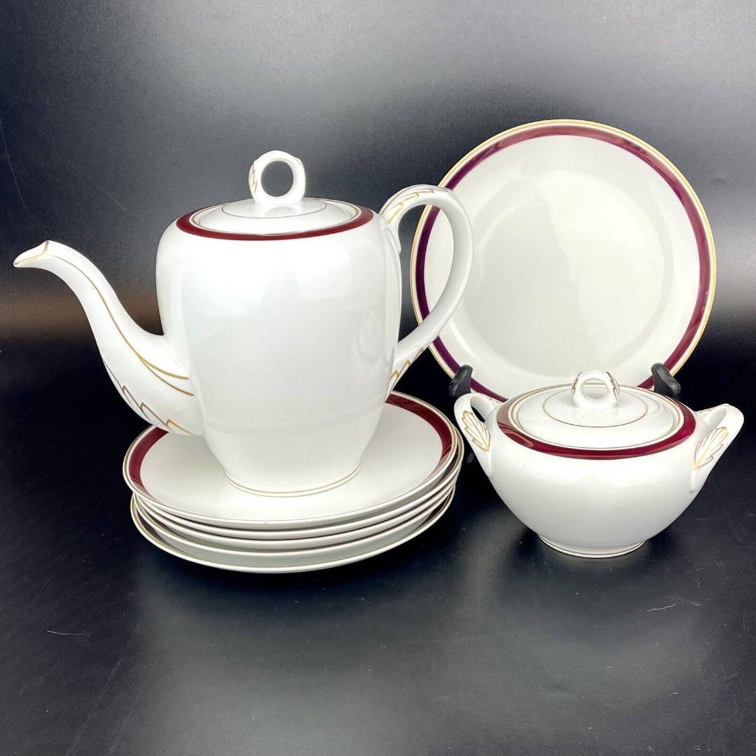 Fukagawa Porcelain Teapot, Sugar & Snack Plate Set Hand Painted Gold & Burgundy