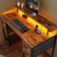 47 inch Computer Desk with 4 Drawers, Gaming Desk with LED Lights & Power Outlet