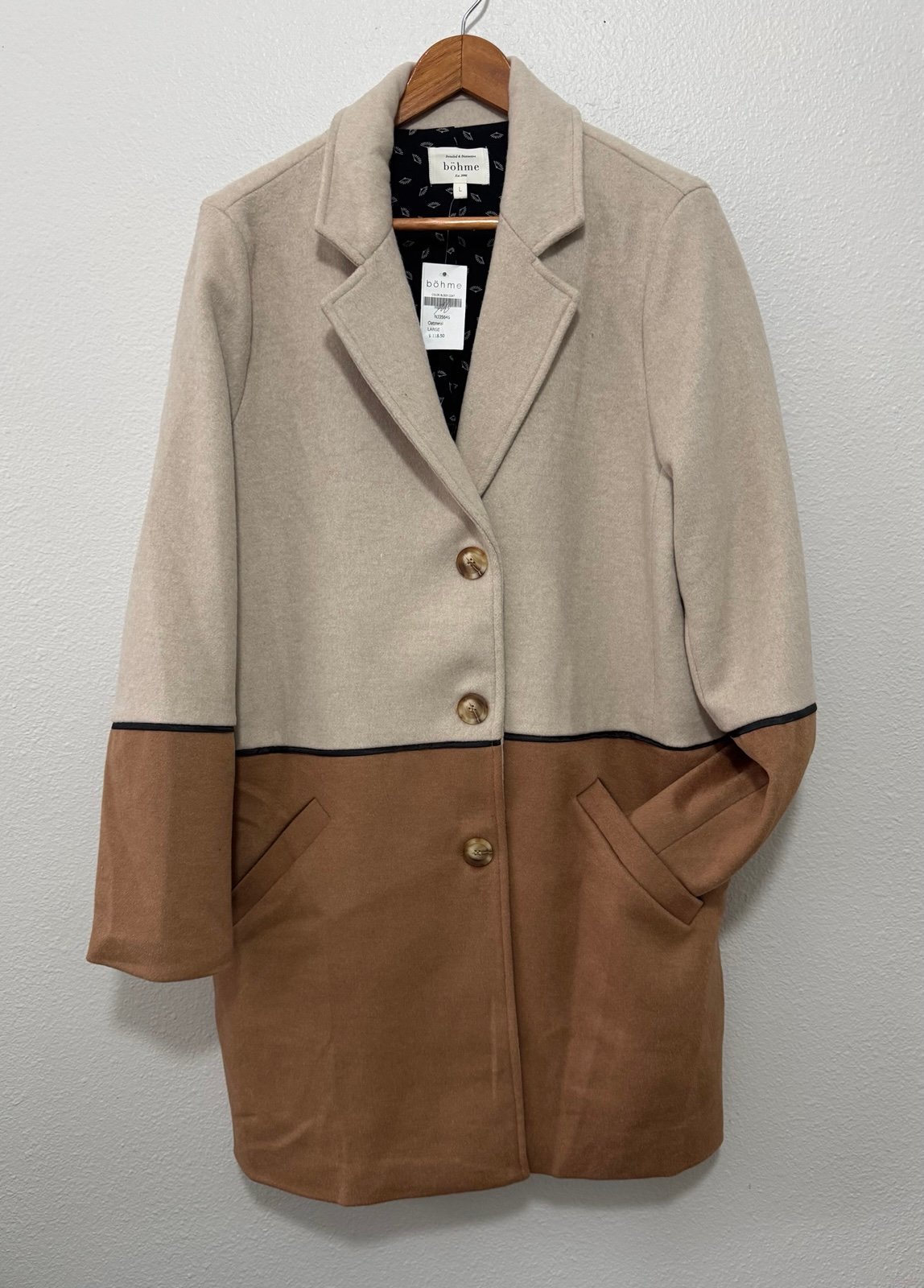 Bohme Large Two Tone Color Block Oatmeal jacket trench coat NWT!