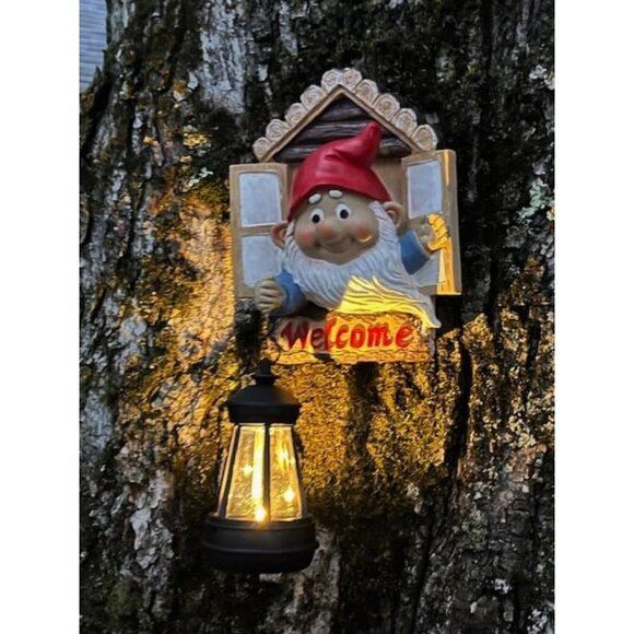 New Gnome Tree Hugger with Solar Lantern, 10.6 Resin Statue for Garden Decor