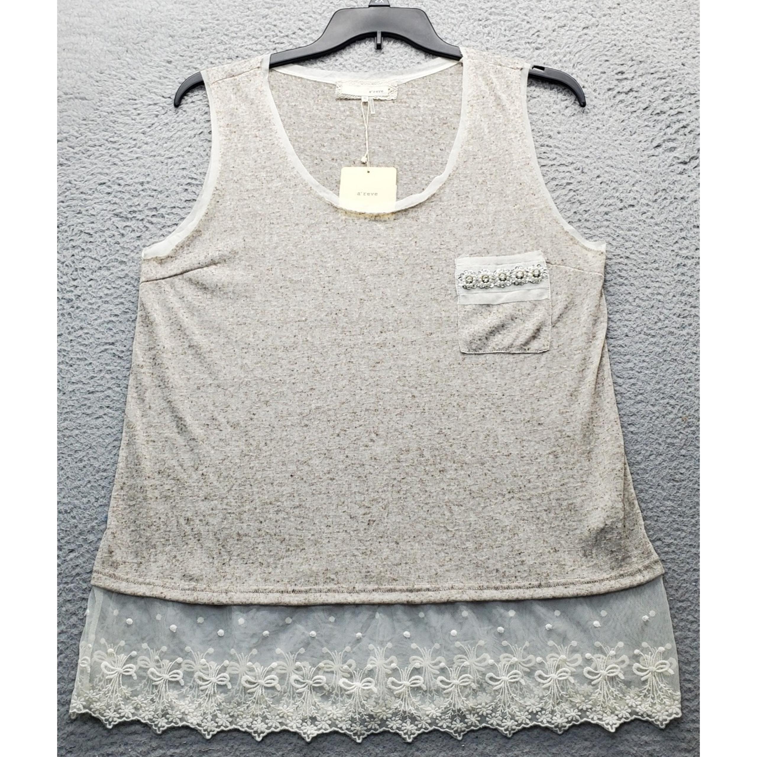 A'reve Tank Top Women's XL Multi Lace Beaded Scoop Neck Chest Pocket Pullover