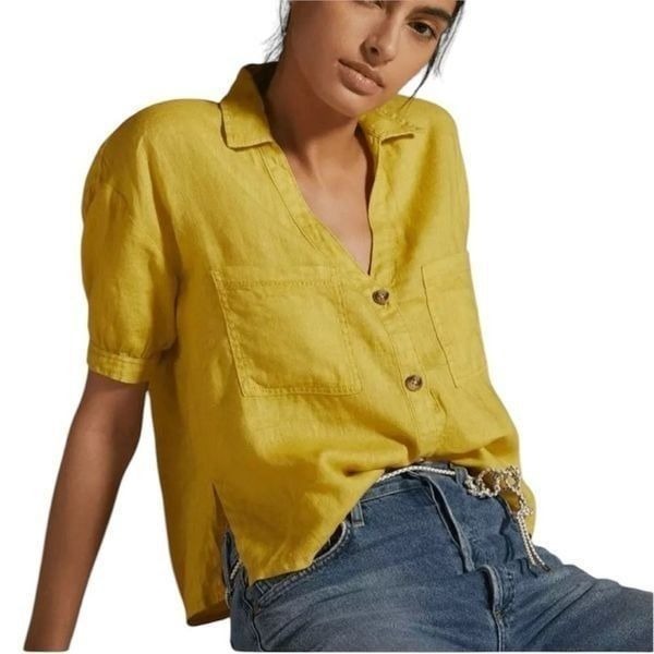 Pilcro by Anthropologie Linen Button Down Blouse in Yellow Size XSP