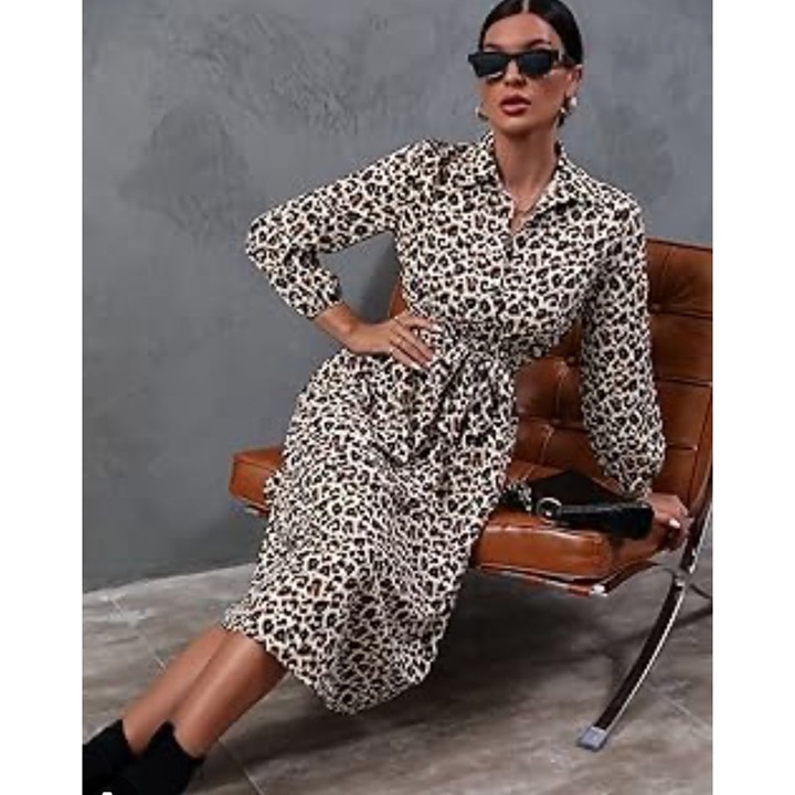LDT Women Animal Print Long Sleeve Shirt Dress Size 14