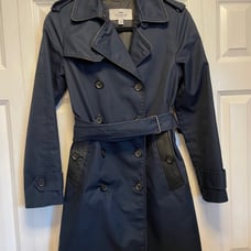 Coach Navy Belted Trench Coat with Black Leather Accents (Size Xs)