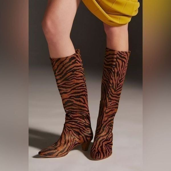 Silent D tinglet Kitten-Heel Slouch Boots zebra calf hair leather size 37 NIB