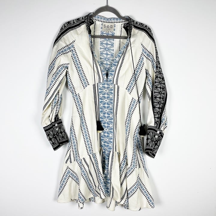 Sea New York Cotton Linen Boho Embroidered Tassel Ruffle Pullover Mini Dress 2