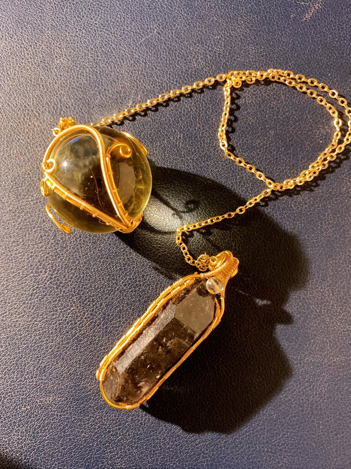Wire wrapped Pendulum Black Herkimer Diamond and Citrine Ball