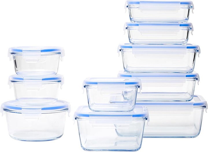Glass Food Storage Containers includes 10 Bases Plastic Lids 20 Piece Blue