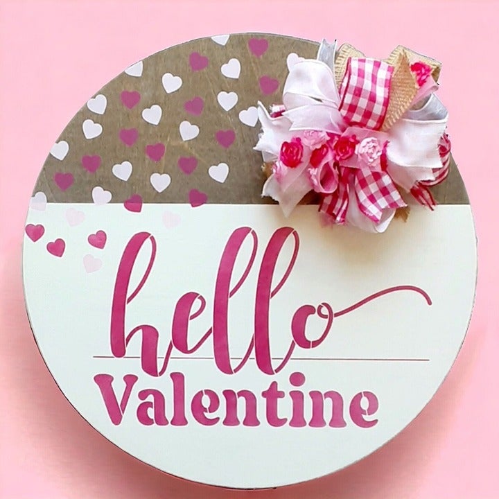 Hello Valentine Painted Wood Door Hanger 16 Porch Sign Heart Themed Wall Round