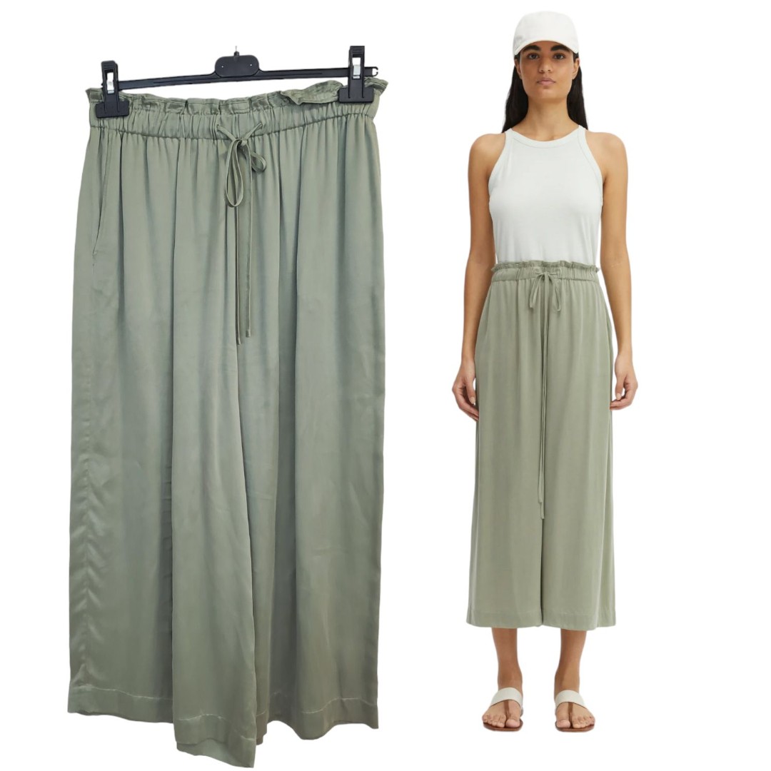 Rodebjer Womens Sage Green Milano Cupro Wide Leg crop Pants Size L Drawstring