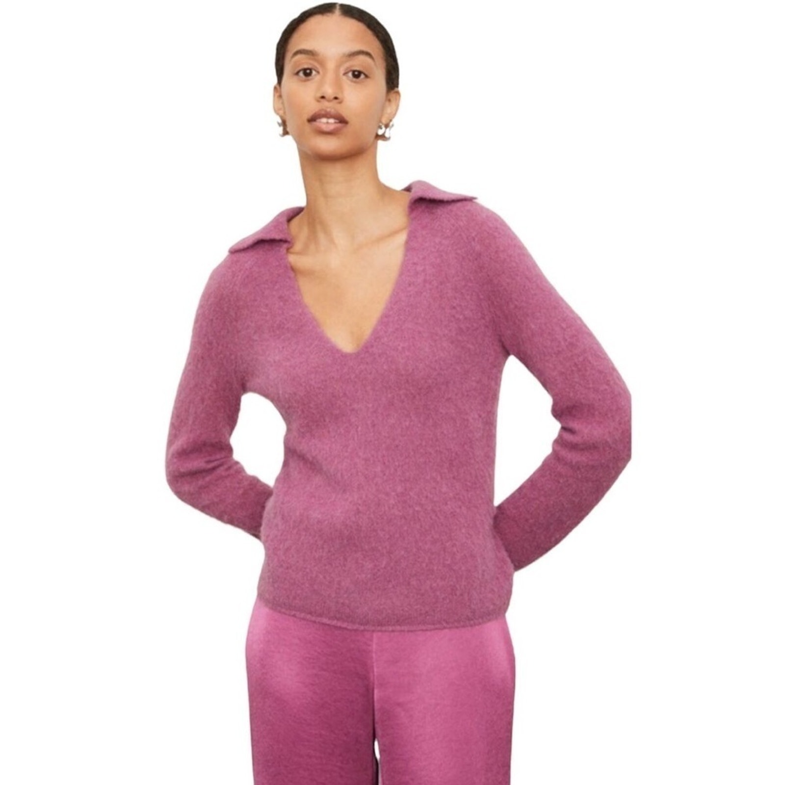 VINCE Brushed V Neck Polo Alpaca & Wool-Blend Sweater in Pink Sz. Small
