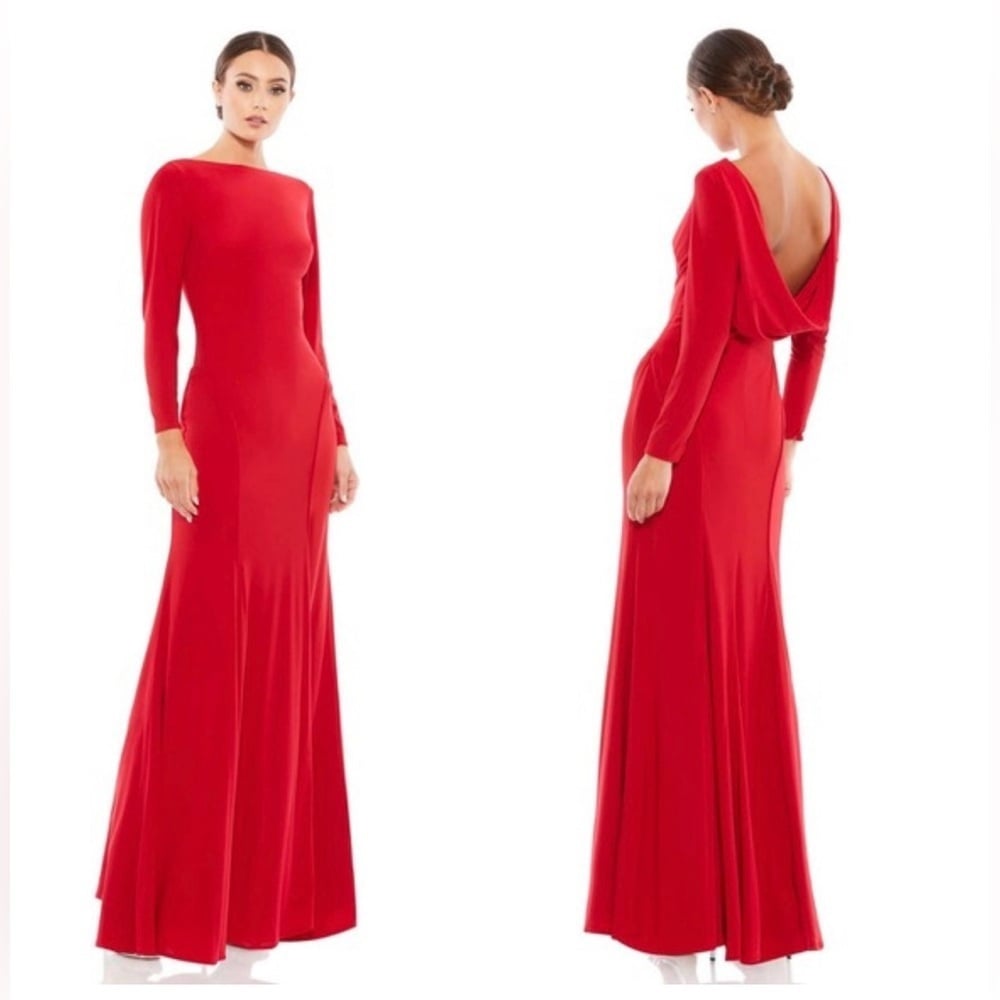 Size 8 Mac Duggal Ieena 25929 NWT Cowl Back Long Sleeve Jersey Gown