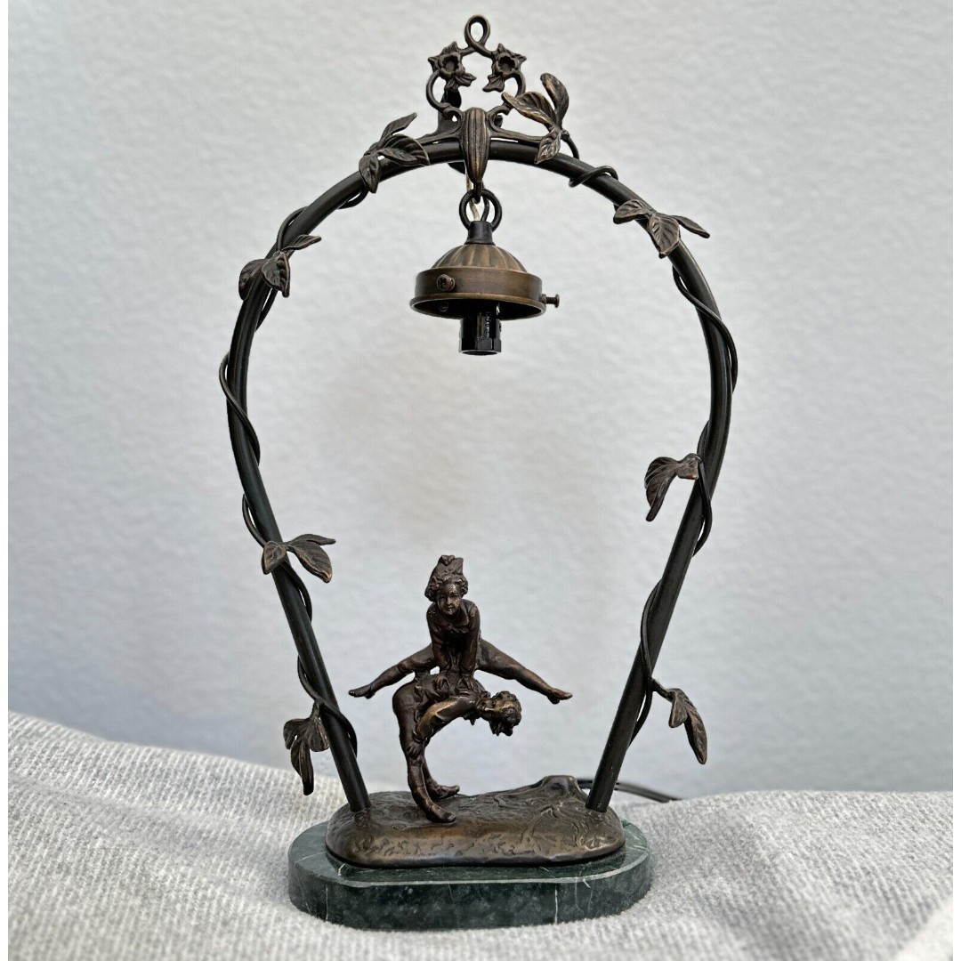 Vintage Andrea by Sadek Bronze Lamp Children Playing Leapfrog Green Marble 15.25