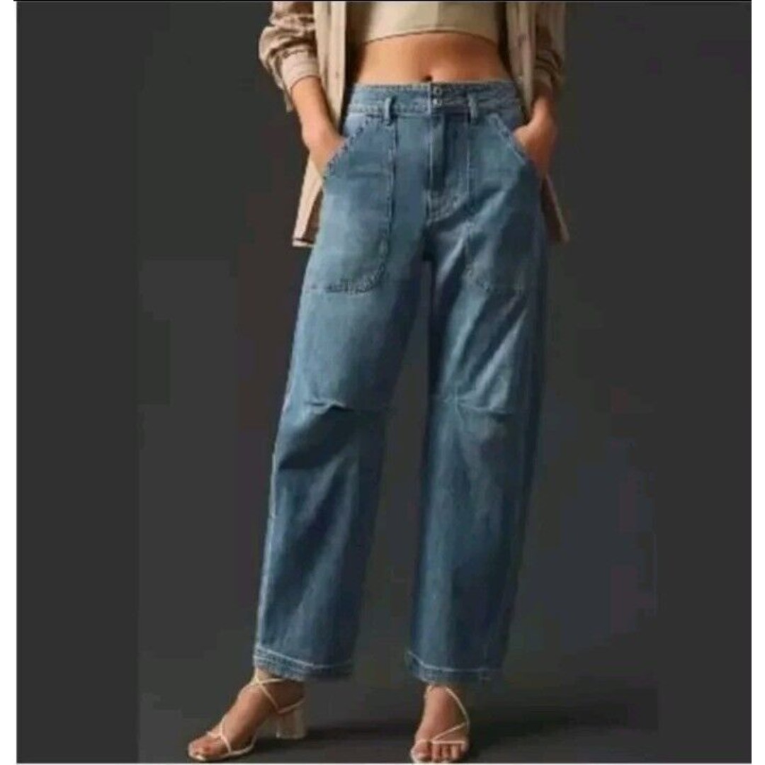 Pilcro Knee-Tuck High-Rise Barrel Tapered Jeans Anthropologie Women Size 27 Blue