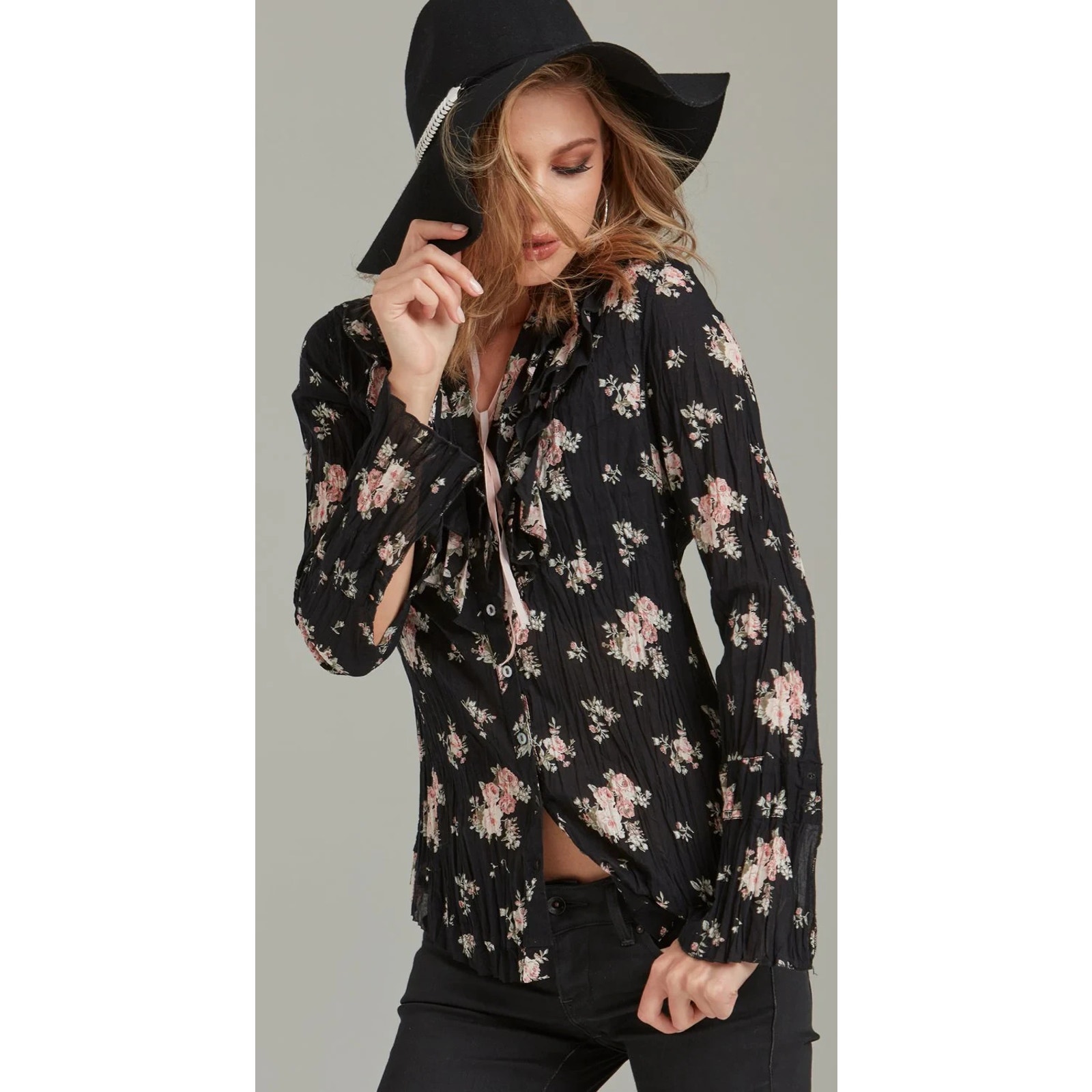 CINO Womens Vintage Rose Black Button Down Ruffle Shirt Small